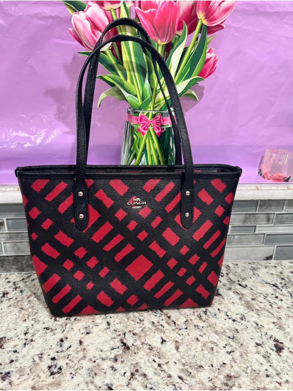 Coach wild red plaid mini tote (fair handles)